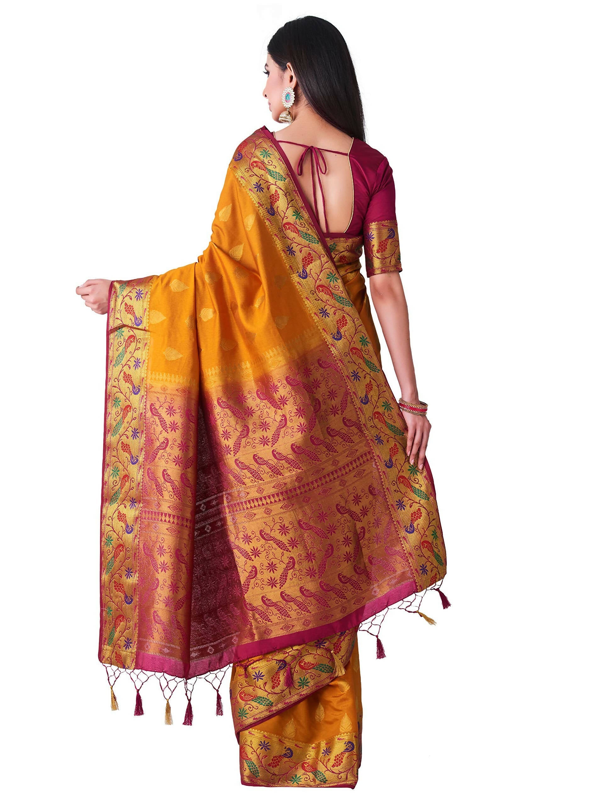 Mimosa Women's Paithani Art Silk Mustard Yellow Saree