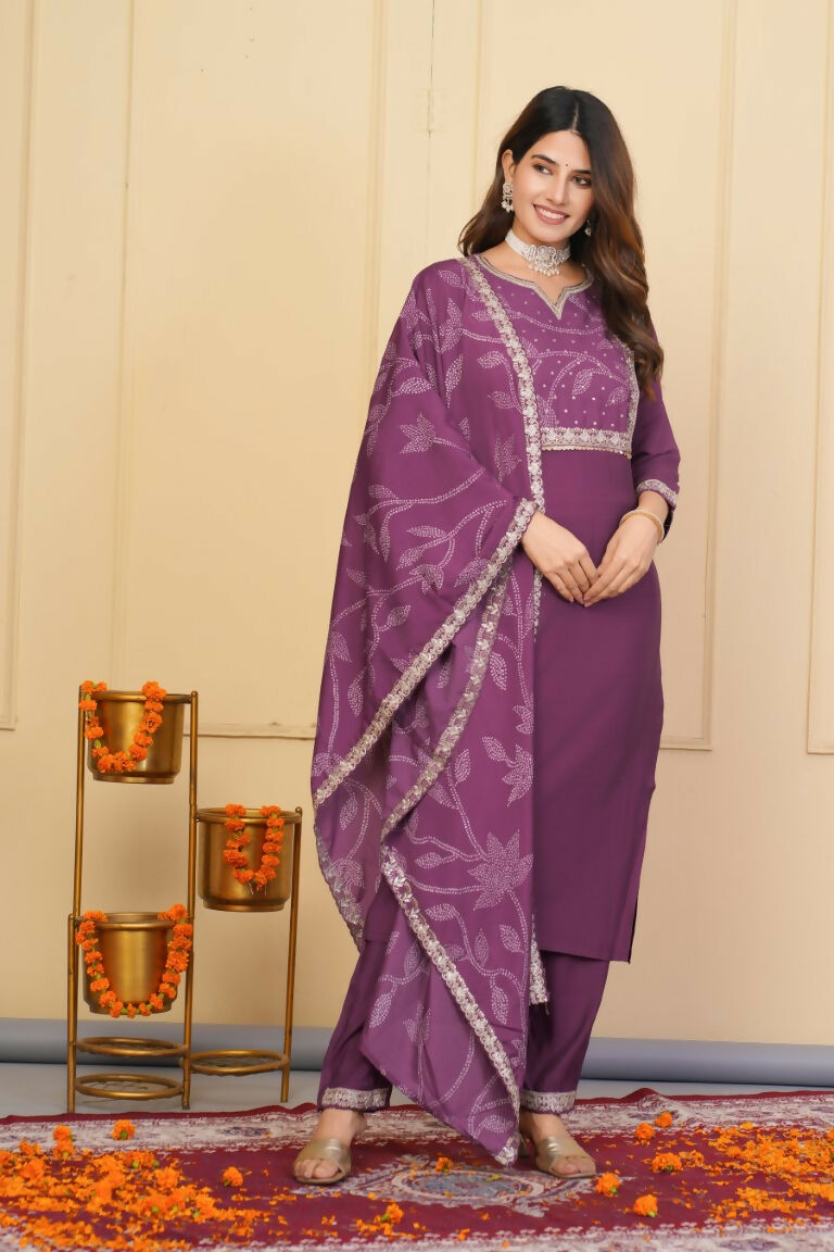 Wine Viscose Chanderi Embroidered Stitched Suit With Dupatta - Tanisha