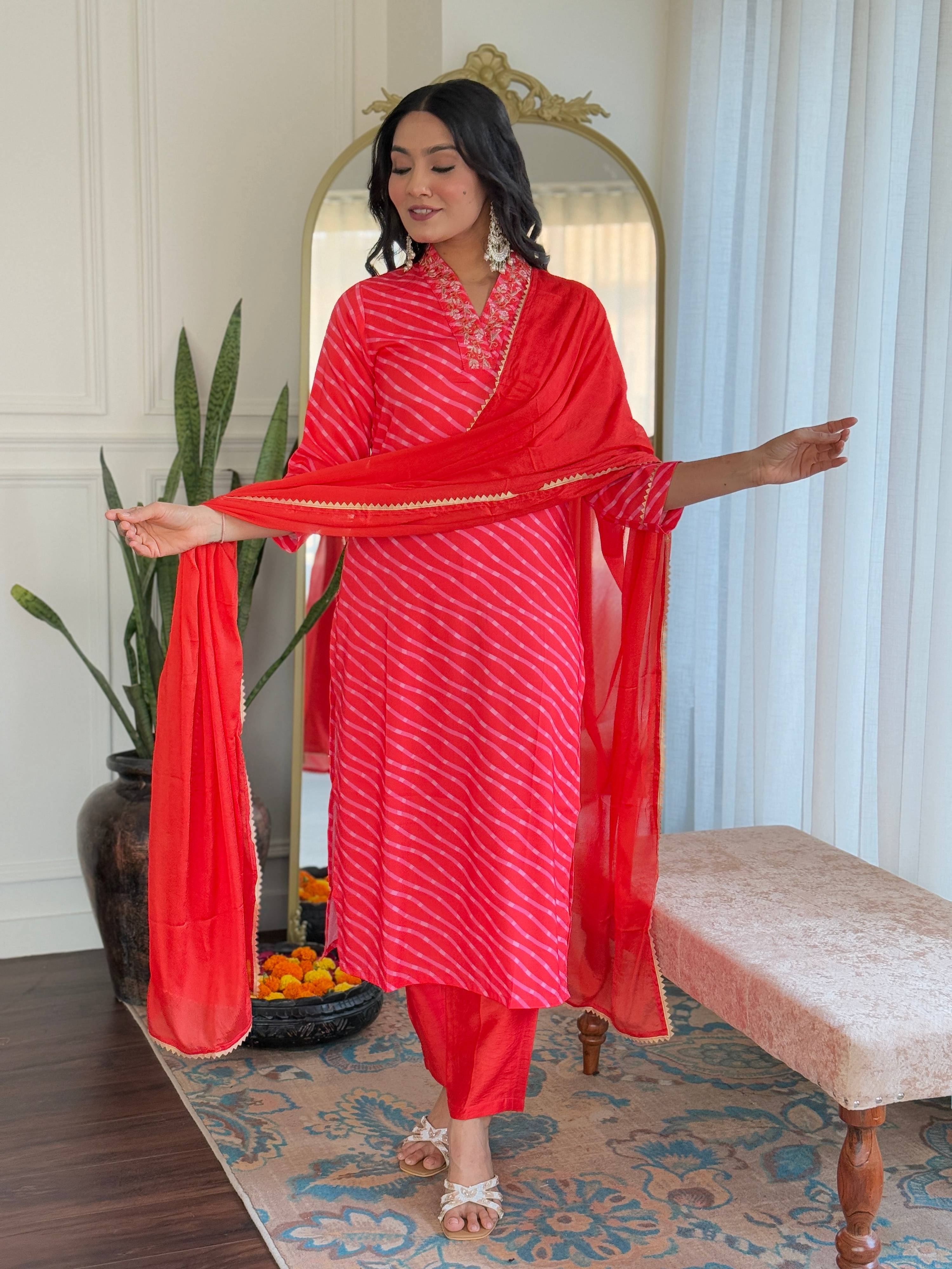 The52 Women's Muslin hand Embroidered Straight Kurta, Pant and Dupatta Set