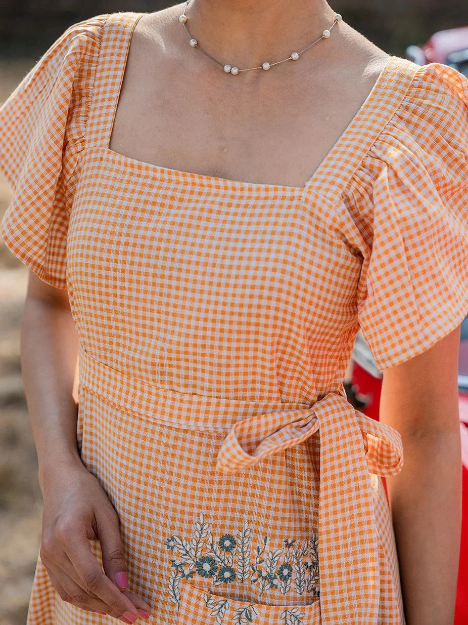 Yufta Orange Checked Dress