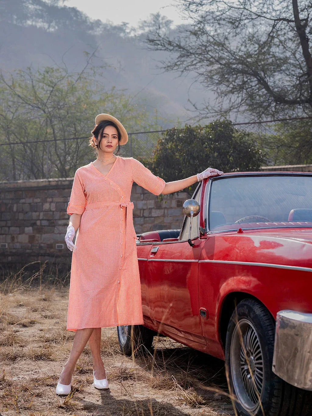 Yufta Orange Cotton Check Comes With A Belt Dress