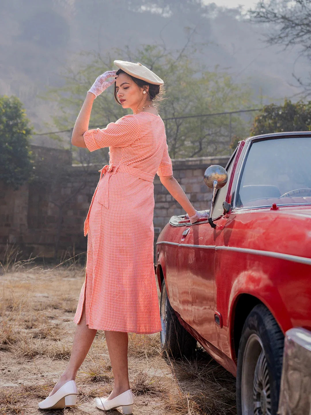 Yufta Orange Cotton Check Comes With A Belt Dress