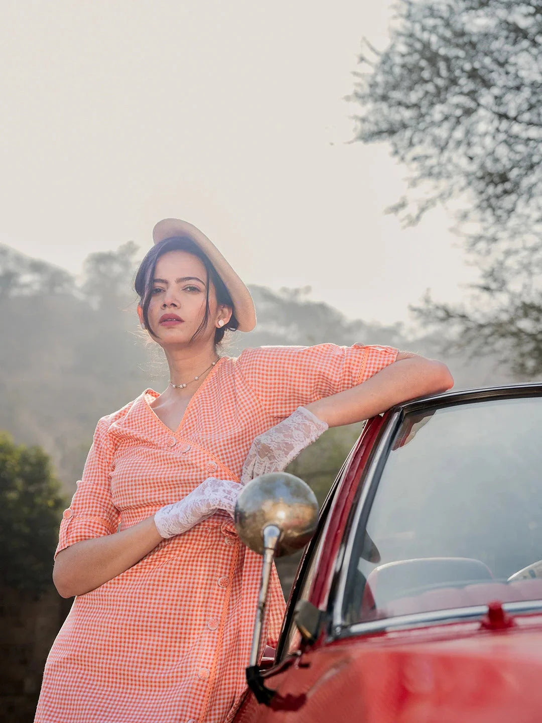 Yufta Orange Cotton Check Comes With A Belt Dress