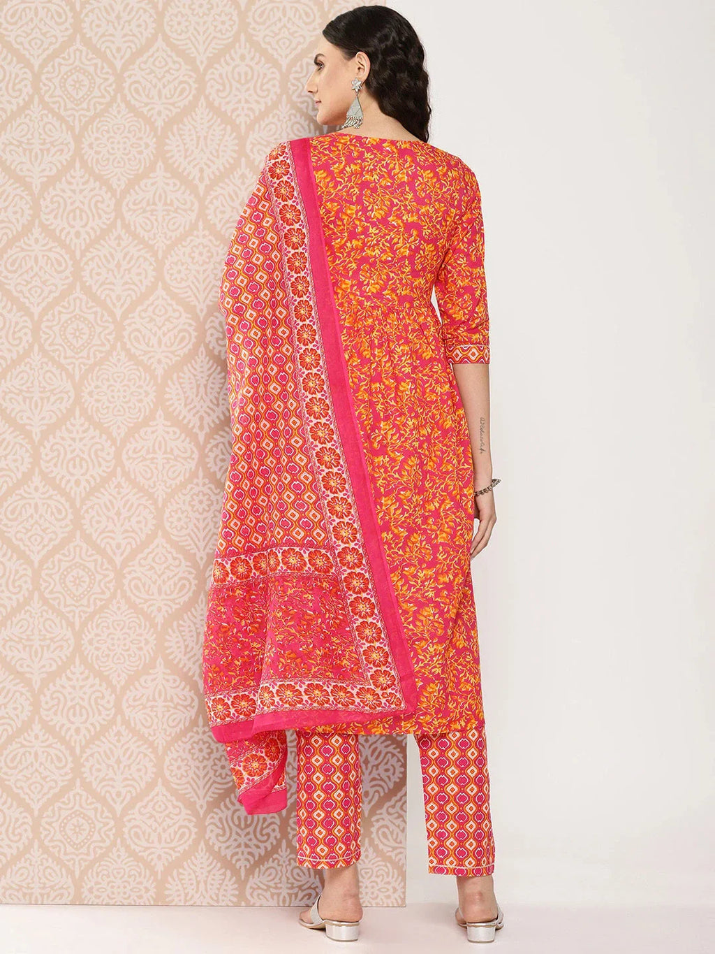 Yufta Orange Floral Printed Regular Sequinned Pure Cotton Kurta with Trousers & Dupatta Set