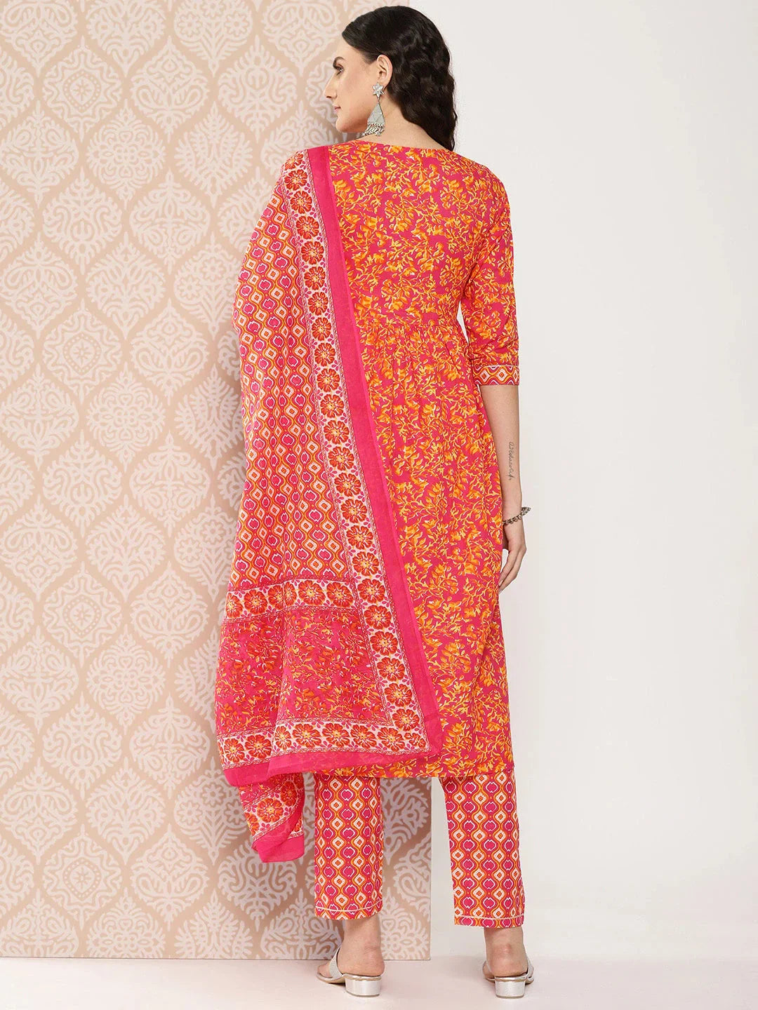 Yufta Orange Floral Printed Regular Sequinned Pure Cotton Kurta with Trousers & Dupatta Set