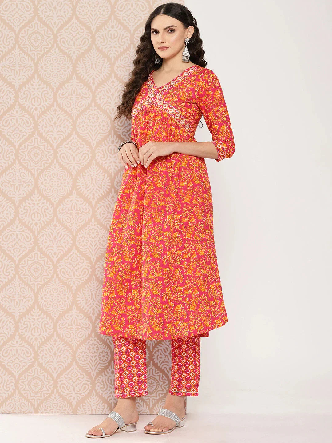 Yufta Orange Floral Printed Regular Sequinned Pure Cotton Kurta with Trousers & Dupatta Set