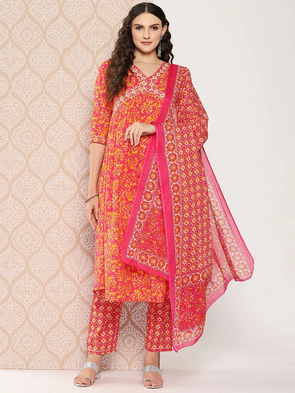 Yufta Orange Floral Printed Regular Sequinned Pure Cotton Kurta with Trousers & Dupatta Set