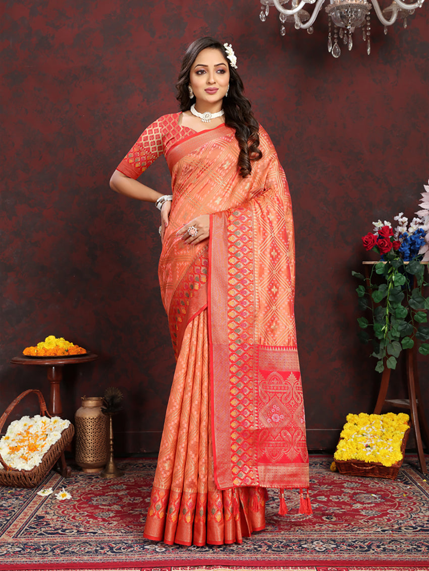 Lorenvalley Fashion Orange Organza Silk Woven Design with Rich Meenakari Weaving Pallu Saree