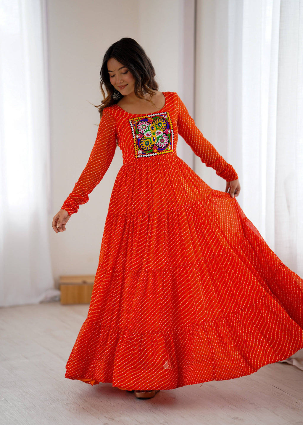 Lorenvalley Fashion Women Pure Soft Faux Georgette Leheriya Print Anarkali Gown