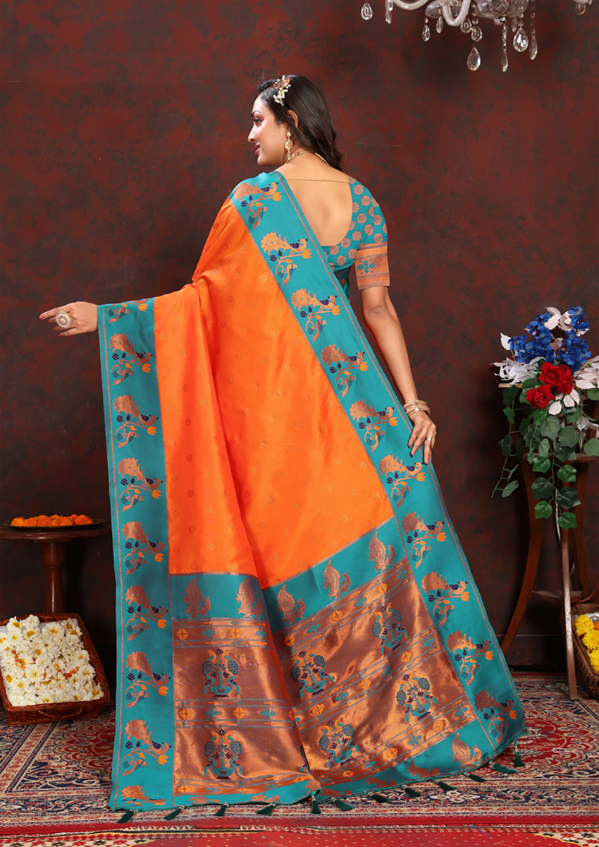 Lorenvalley Fashion Orange Soft Paithani Silk Woven Design Rich Zari Meenakari Weaving Saree