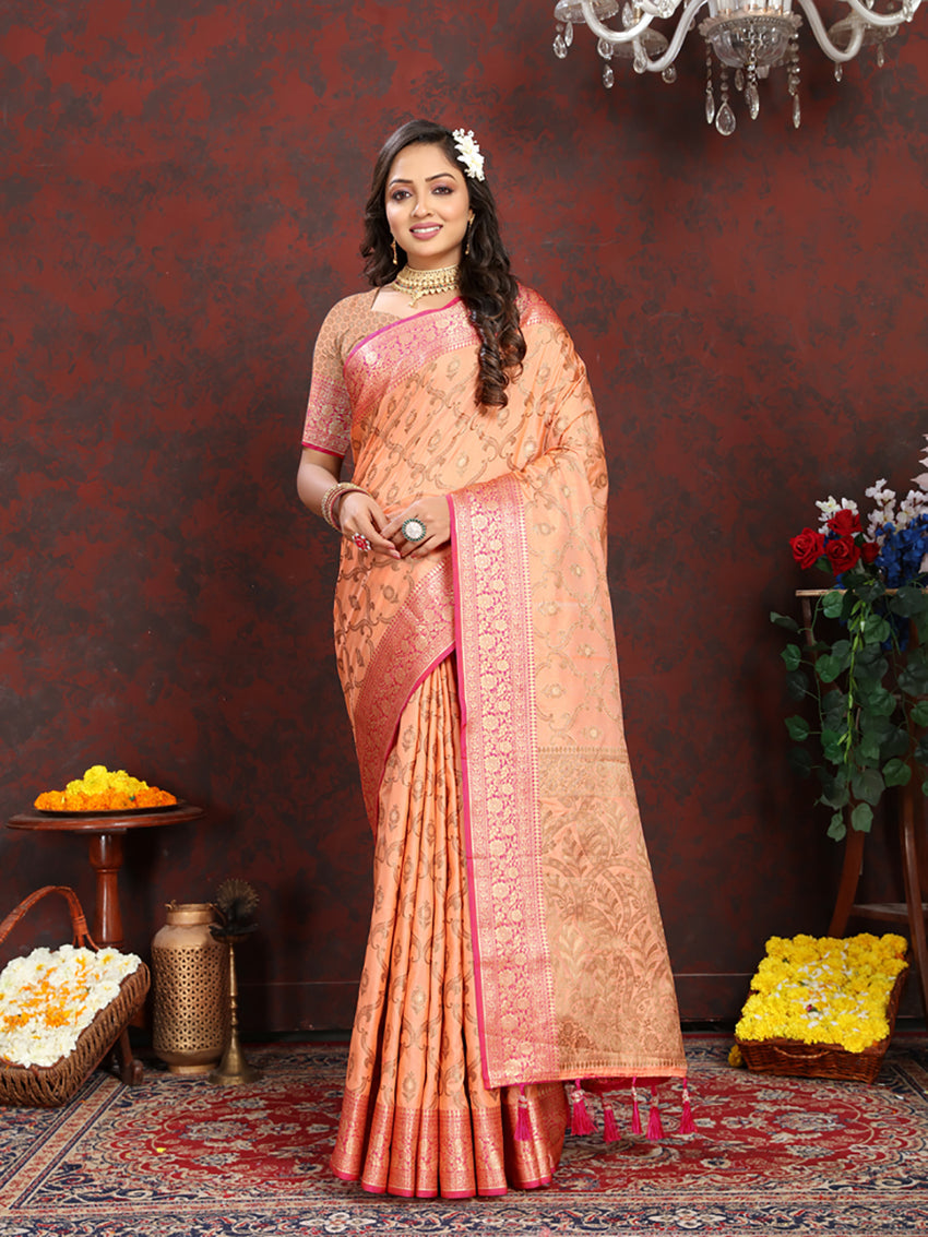 Lorenvalley Fashion Orange Soft Katan Silk Woven Design Rich Zari Weaving Pallu Saree