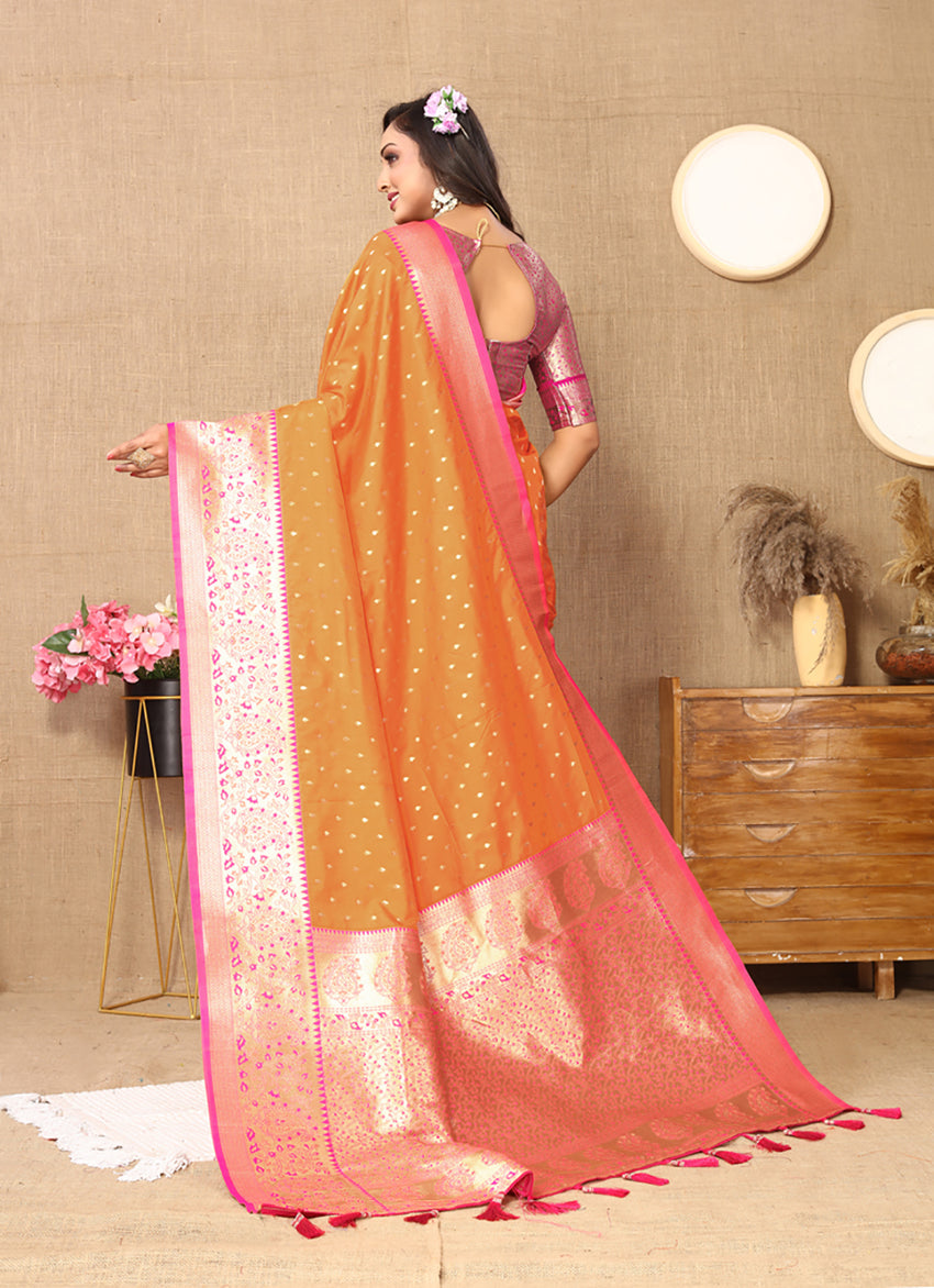 Lorenvalley Fashion Orange Soft Silk weaving Design Rich Zari Weaving Saree