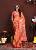 Lorenvalley Fashion Orange Organza Silk Woven Design with Rich Meenakari Weaving Pallu Saree