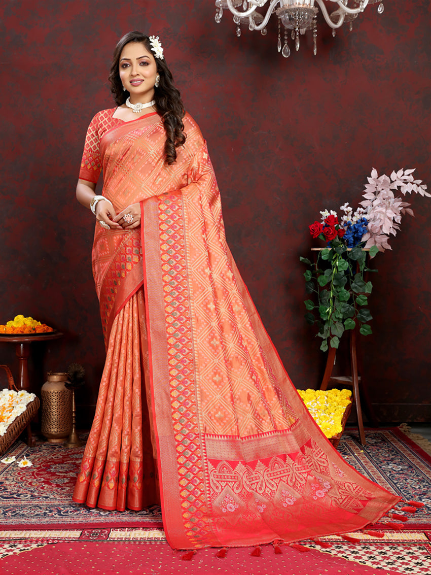 Lorenvalley Fashion Orange Organza Silk Woven Design with Rich Meenakari Weaving Pallu Saree