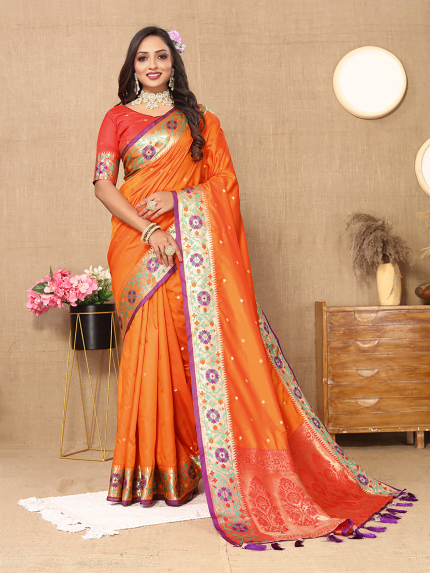 Lorenvalley Fashion Orange Soft Paithani Silk Woven Design Rich Meenakari Zari Weaving Pallu Saree