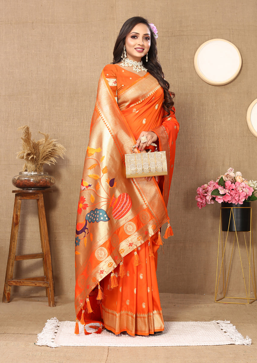Lorenvalley Fashion Orange Soft Paithani Silk Woven Design Rich Zari Meenakari Weaving Saree