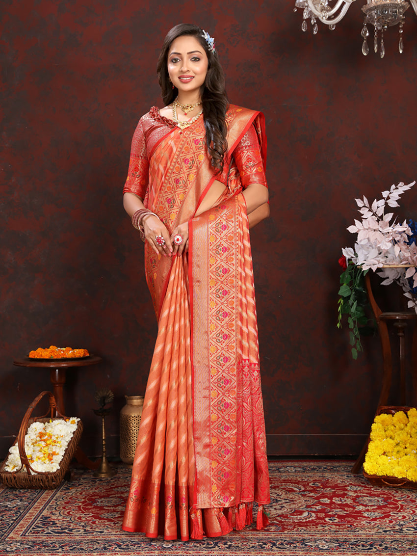 Lorenvalley Fashion Orange Organza Silk Woven Design with Rich Meenakari Weaving Pallu Saree