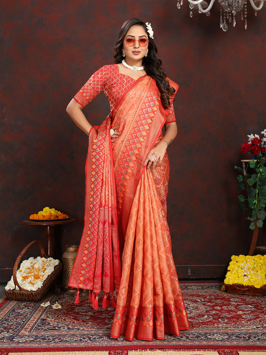 Lorenvalley Fashion Orange Organza Silk Woven Design with Rich Meenakari Weaving Pallu Saree