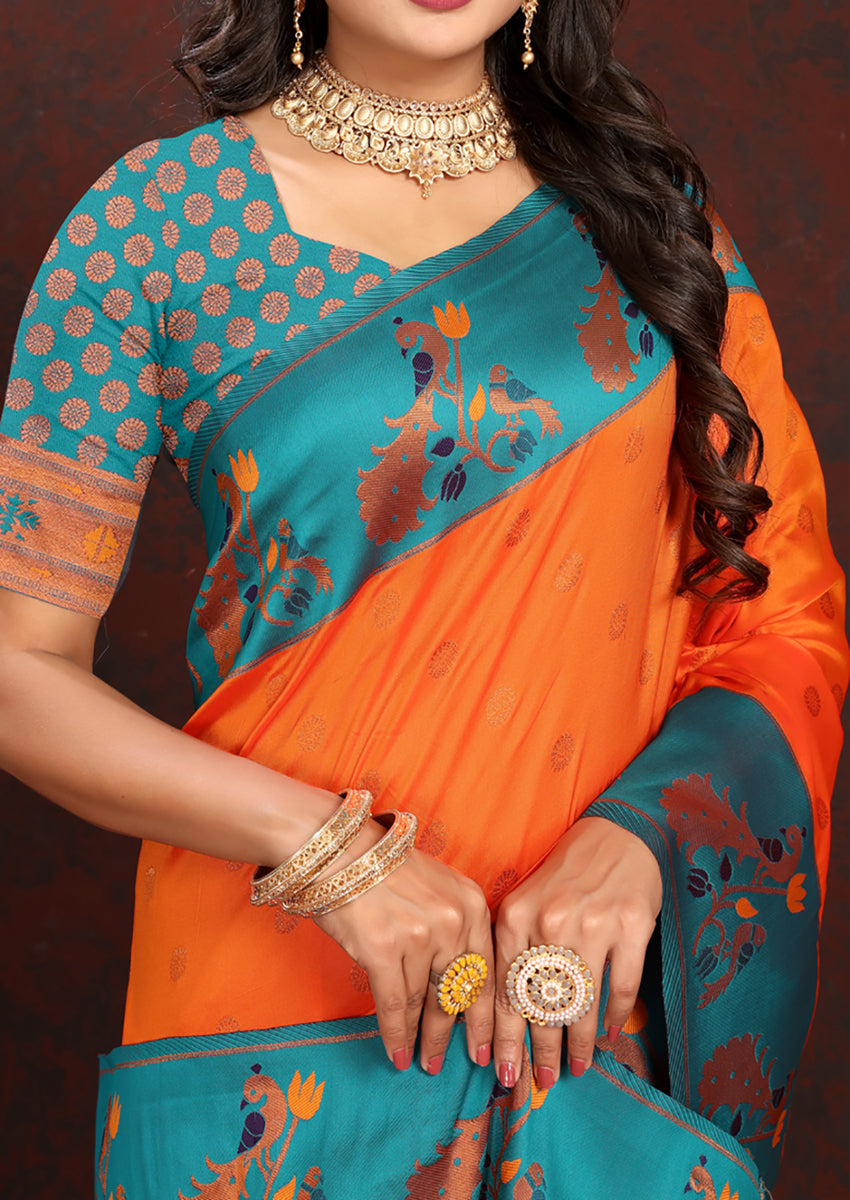 Lorenvalley Fashion Orange Soft Paithani Silk Woven Design Rich Zari Meenakari Weaving Saree