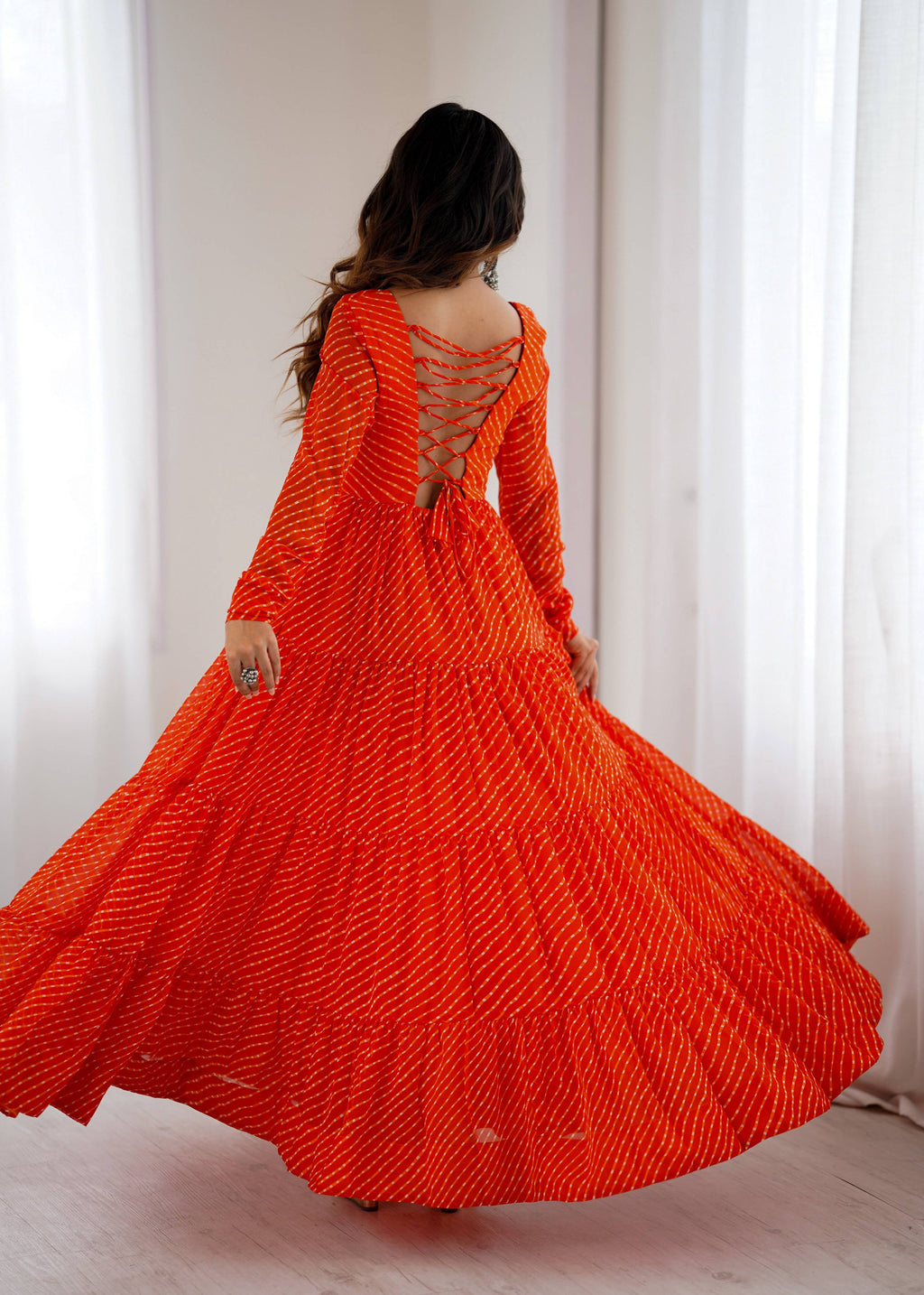 Lorenvalley Fashion Women Pure Soft Faux Georgette Leheriya Print Anarkali Gown