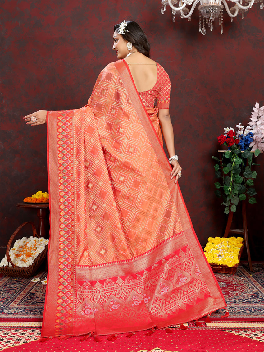 Lorenvalley Fashion Orange Organza Silk Woven Design with Rich Meenakari Weaving Pallu Saree