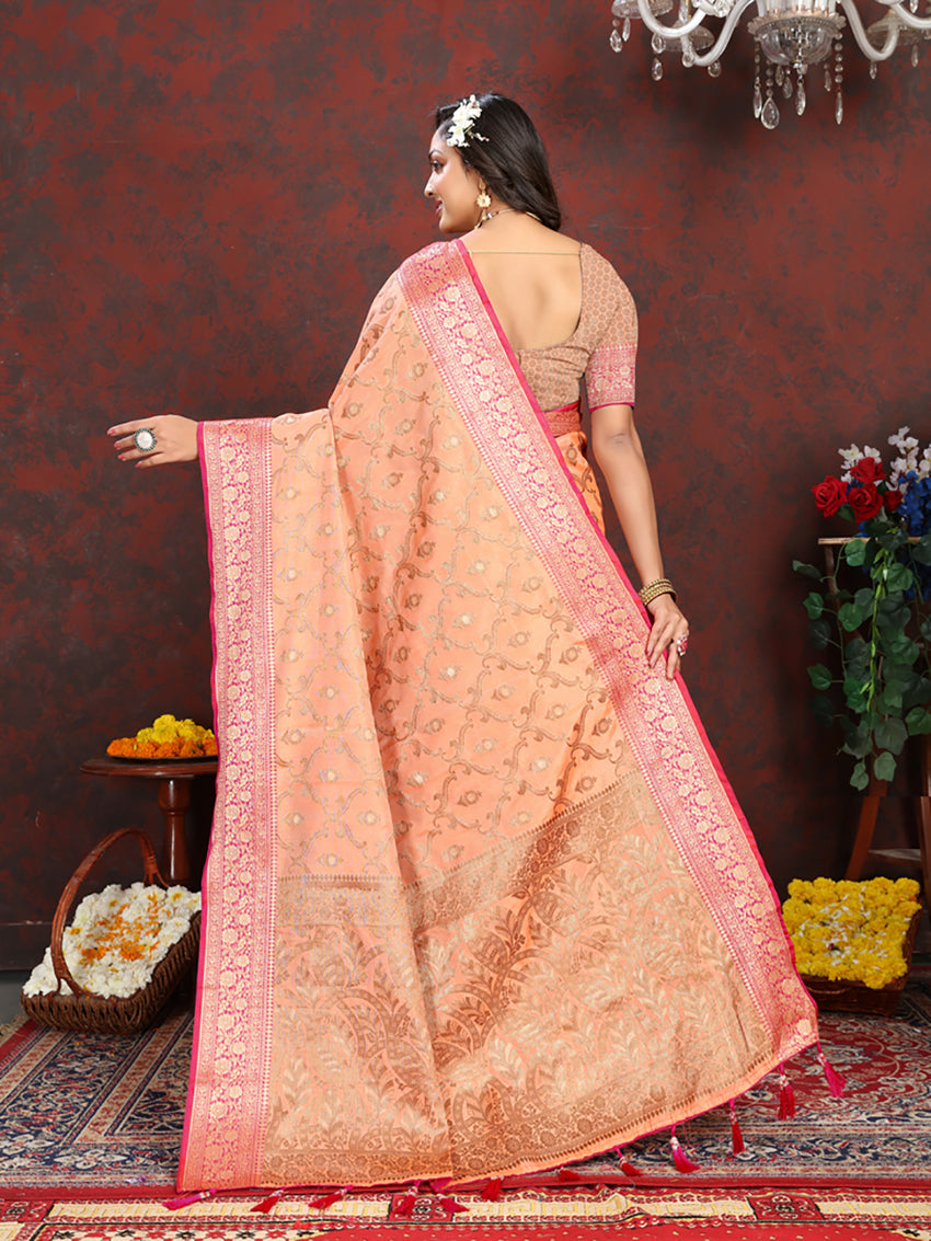 Lorenvalley Fashion Orange Soft Katan Silk Woven Design Rich Zari Weaving Pallu Saree