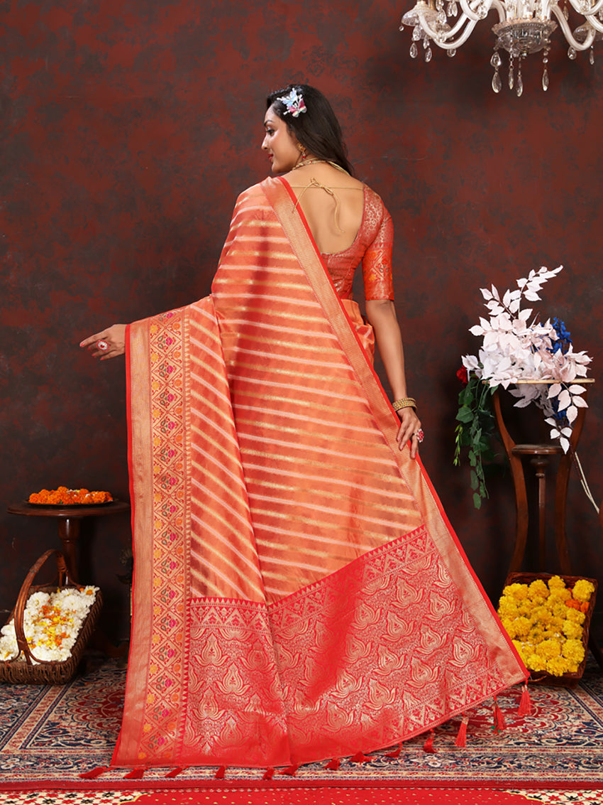 Lorenvalley Fashion Orange Organza Silk Woven Design with Rich Meenakari Weaving Pallu Saree