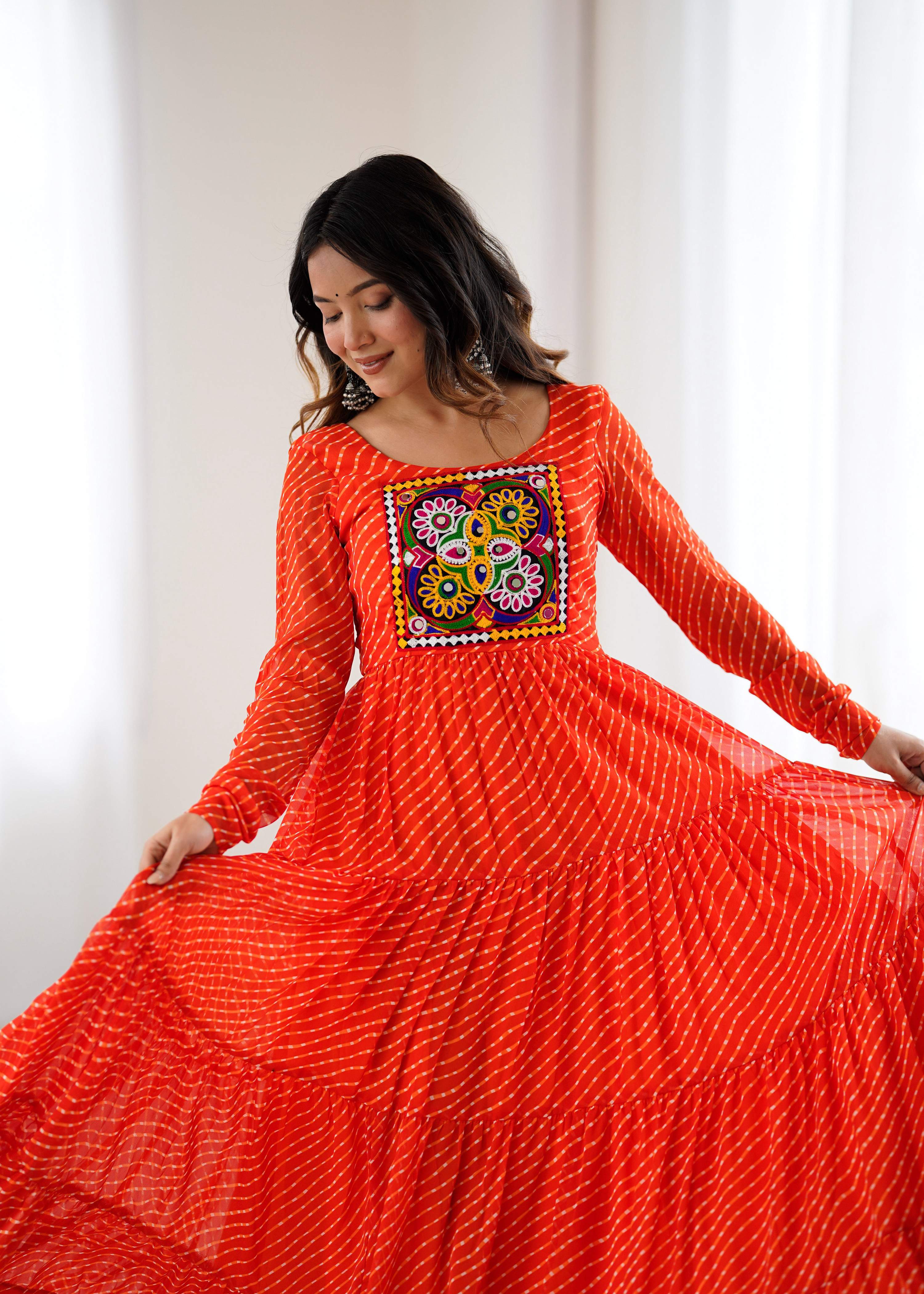 Lorenvalley Fashion Women Pure Soft Faux Georgette Leheriya Print Anarkali Gown
