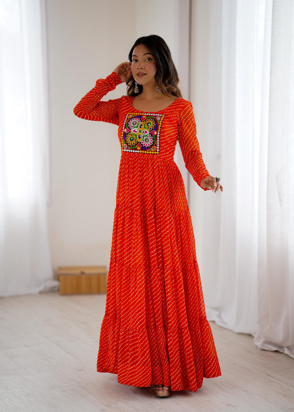 Lorenvalley Fashion Women Pure Soft Faux Georgette Leheriya Print Anarkali Gown