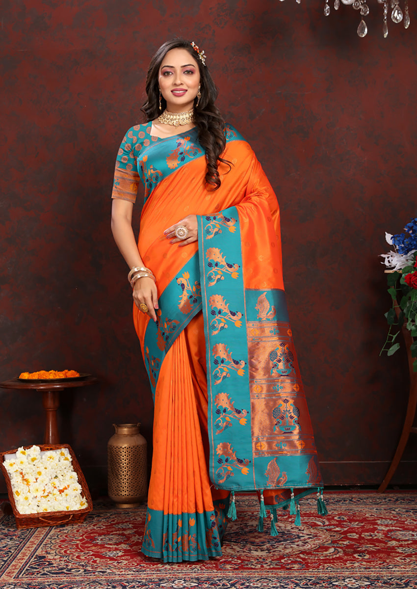 Lorenvalley Fashion Orange Soft Paithani Silk Woven Design Rich Zari Meenakari Weaving Saree