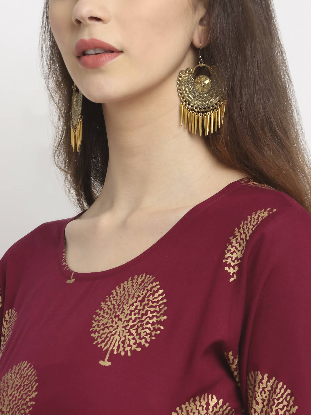 Rudra Bazaar Gold Boota Printed Wine Kurti