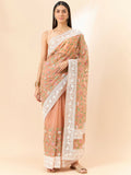 Peach Organza Floral Embroidered Saree with Unstitched Blouse Piece - Roozal