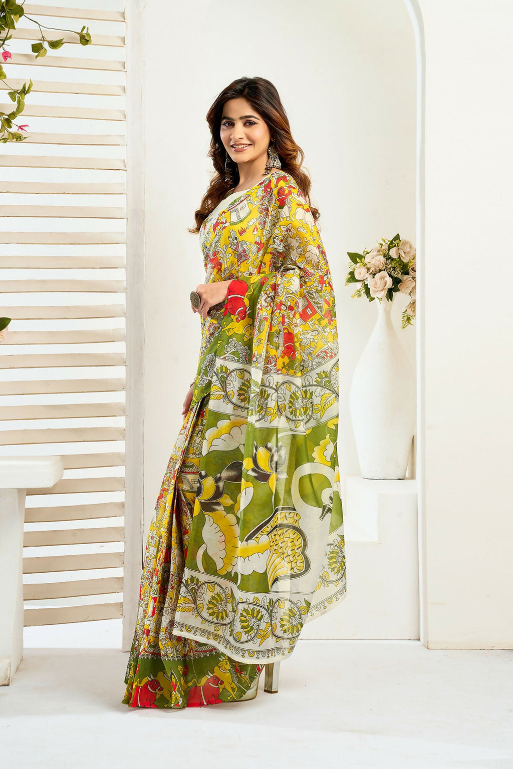 Vastranavya Yellow Digital Printed Linen Ready To Wear Designer Saree with Unstitched Blouse
