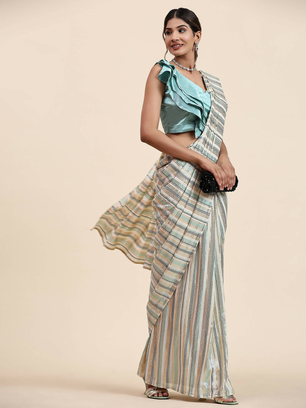 Sky Blue Pure Georgette Sequence work Ready to wear Saree with stitched Blouse - Satiksha