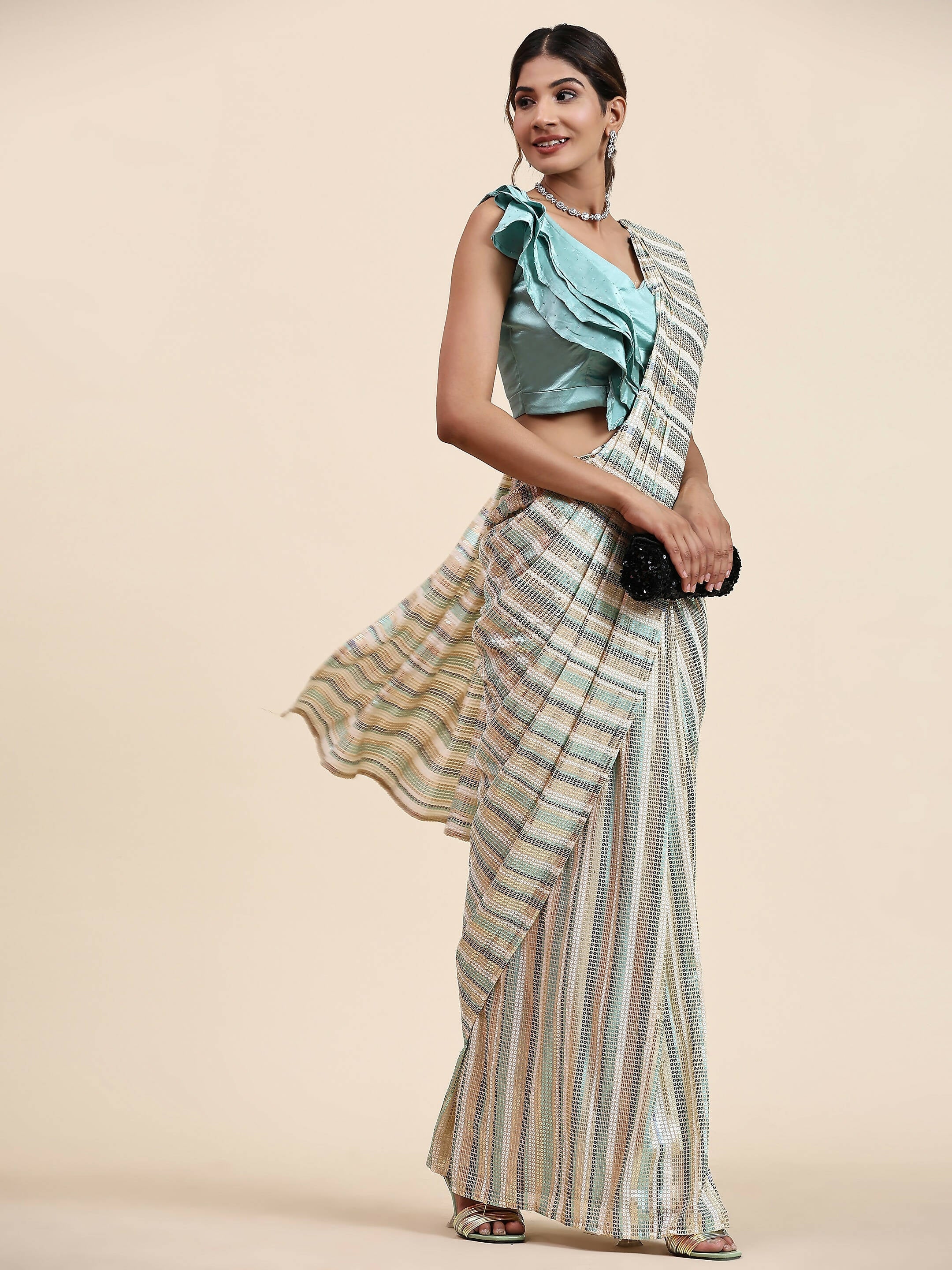 Sky Blue Pure Georgette Sequence work Ready to wear Saree with stitched Blouse - Satiksha