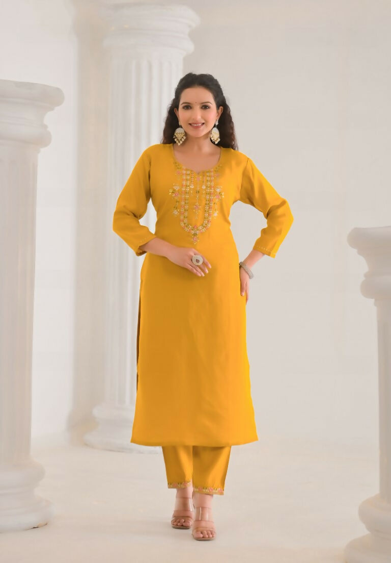Ethnic Festive Wear Viscose Chanderi Yellow Stitched Suit With Dupatta - Tanisha