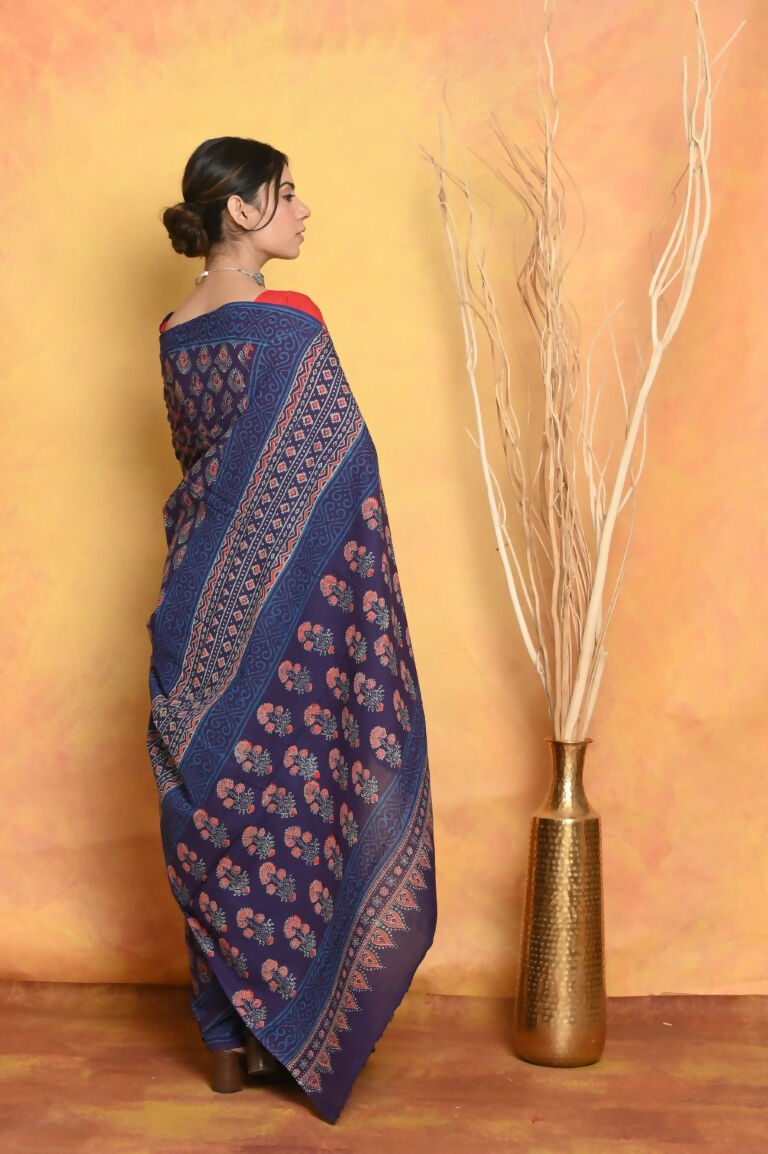 Very Much Indian Handblock Printed Cotton Saree With Natural Dyes - Blue