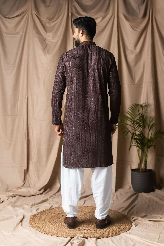 Dark Brown Rayon Thread Embroidery Work Kurta Set - Mahotsav