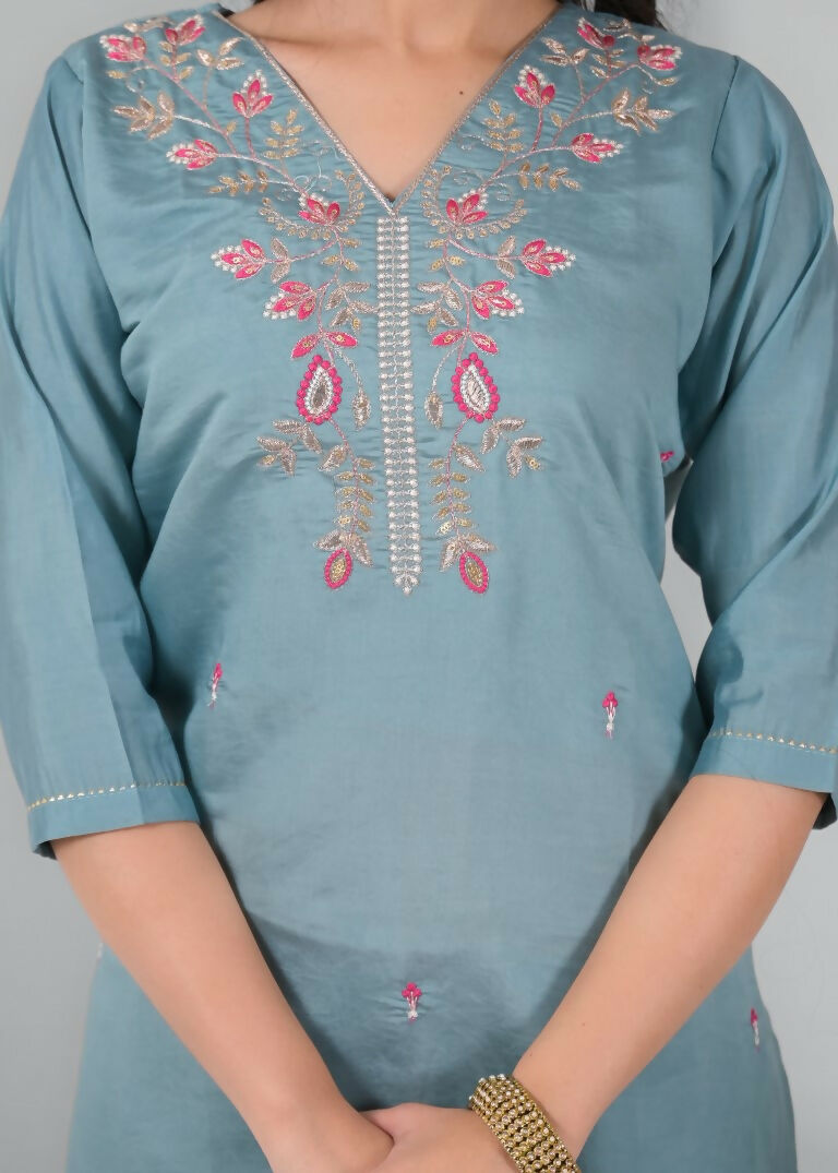 Ethnic Festive Wear Chanderi Viscose Sky Stitched Suit With Dupatta - Tanisha