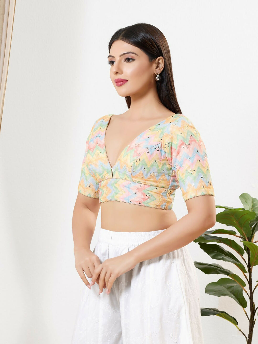 Joban Fashion Multi Silk Padded Blouse With V Neck Elbow Sleeves