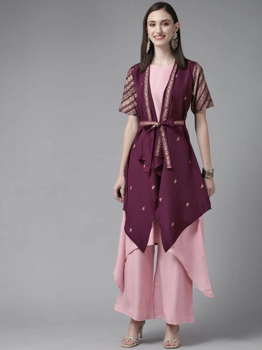 Ahalyaa Women Rose Pink Crepe Kurta Palazzos Set With Burgundy Jacket