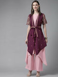 Ahalyaa Women Rose Pink Crepe Kurta Palazzos Set With Burgundy Jacket