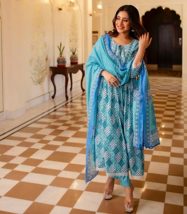Alvano Women's Aliya Cut Kurti with Pant and Dupatta set Cotton Printed (Blue)