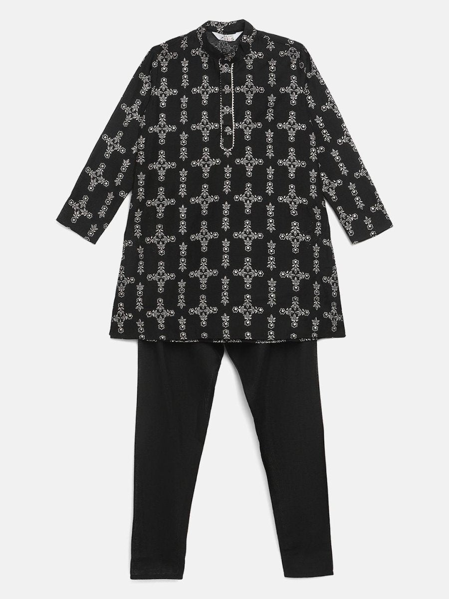 Ahalyaa Boys Black Chanderi Gold Printed Kids Kurta Churidar Set