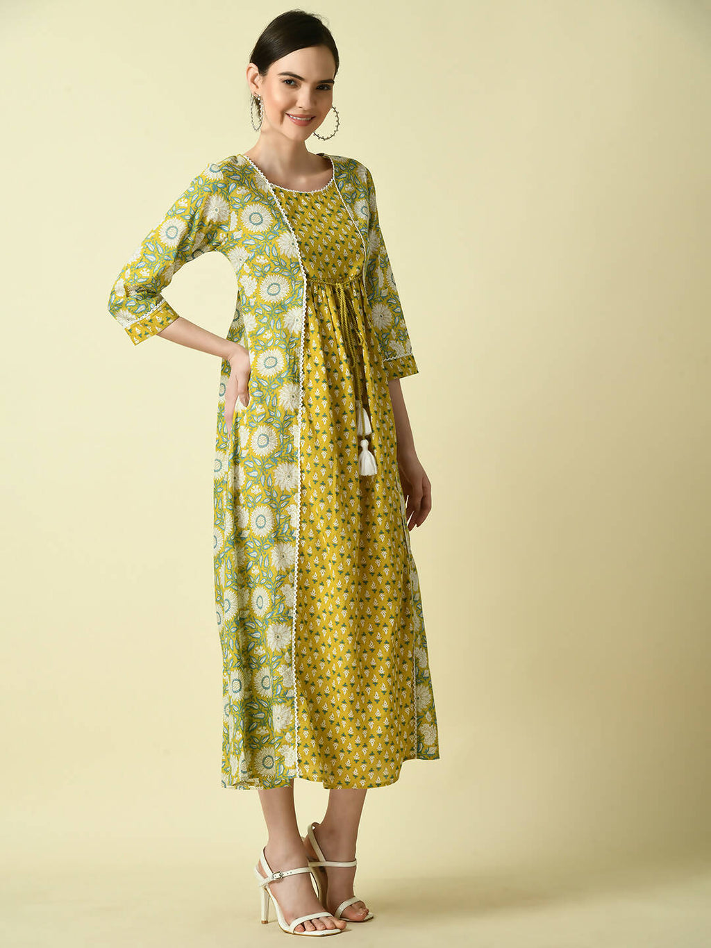 Myshka Women's Yellow Floral Printed Gown Dress