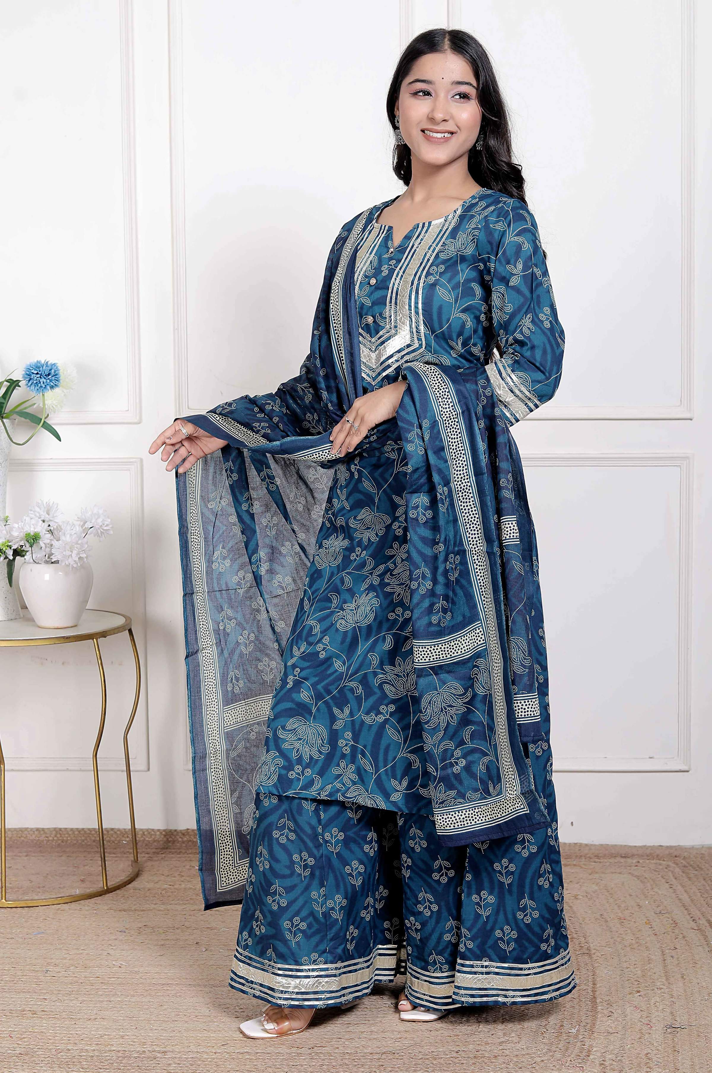 Miravan Women's Gota Patti Cotton Kurta Paired with Palazzo and Dupatta