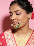 Gold-Polished White Green Kundan-Studded Pearl Beaded Nosepin - Ruby Raang