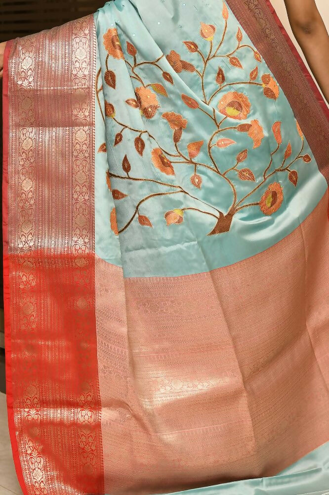 Joban Fashion CGren & Orange Saree Kataan Applick Witch Mirror