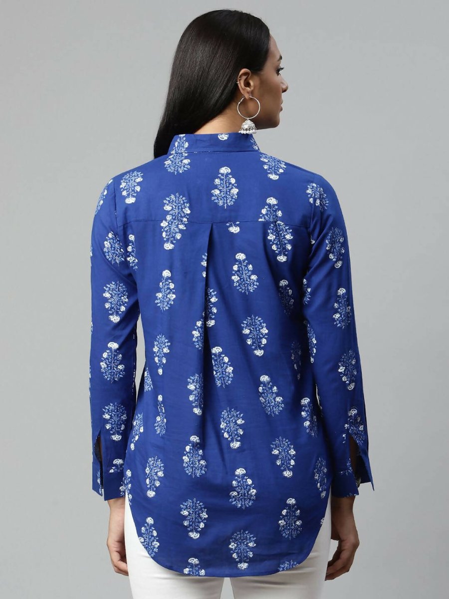 Ahalyaa Women Royal Blue Crepe Printed Tunic