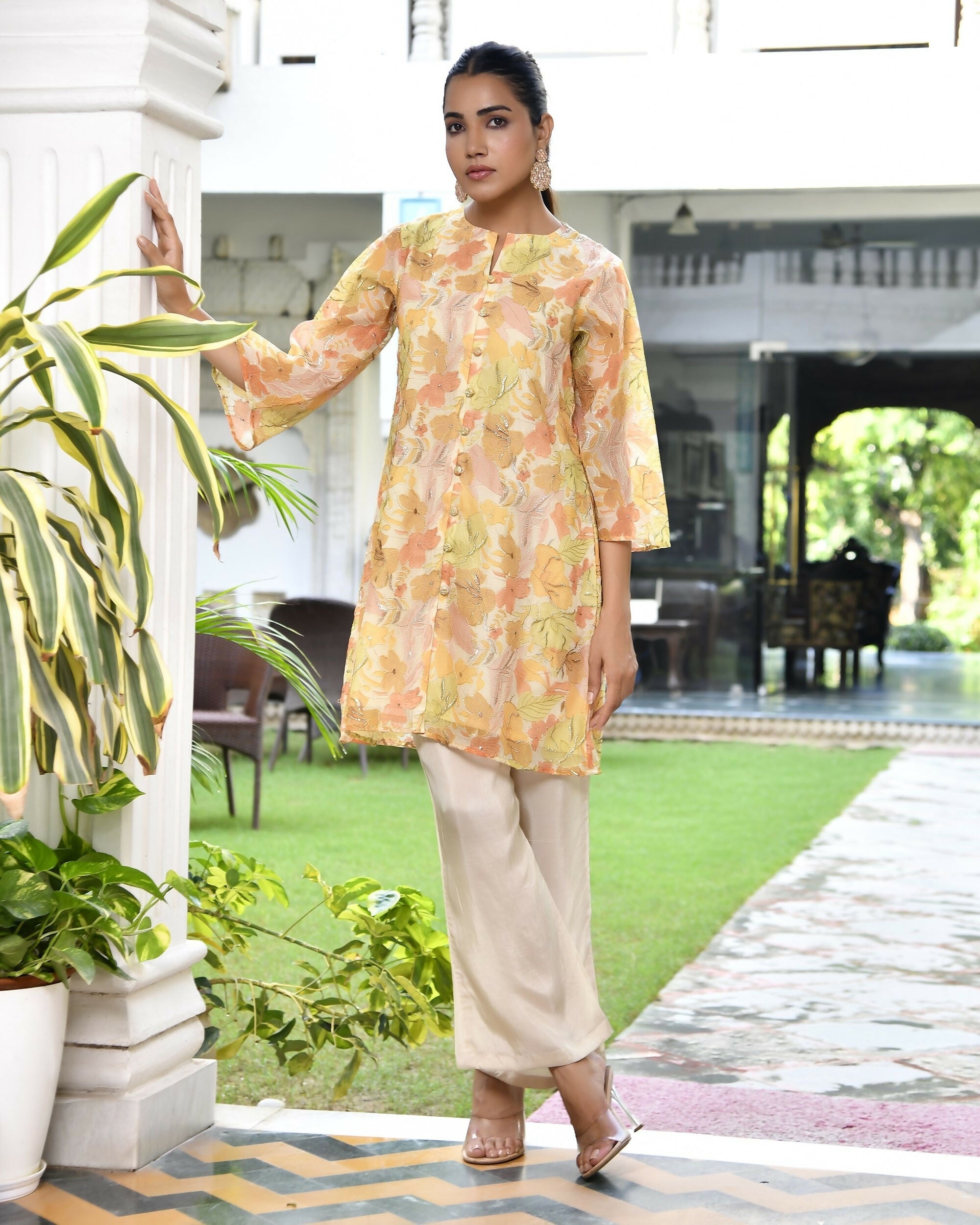 Vaasva Women's Lemon Yellow Organza Digital Printed Cord Set